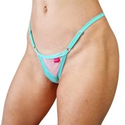 Aqua Mint Micro Bikini -Oh Lola Swimwear Aqua Mint Micro Bikini by OH LOLA SWIMWEAR Side Adjustable V String FRONT scaled 1