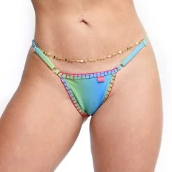 Aurora Gradient Blue-Green Micro Bikini With Artisan Crochet Trim -Oh Lola Swimwear Aurora Crochet Micro Bikini Side Adjustable V String FRONT by Oh Lola Swimwear