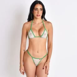 Caribbean Heat Sheer White Mesh Bikini With Green Straps