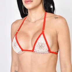 Caribbean Heat Sheer White Mesh Bikini With Red Straps -Oh Lola Swimwear Caribbean Heat Sheer Bikini Red Top Piece