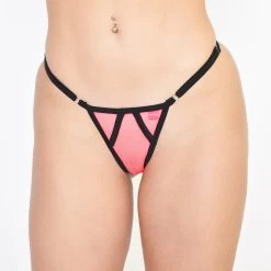 Sensation Sheer Coral Bikini -Oh Lola Swimwear Coral Sensation Sheer Bikini Side Adjustable V String Frontal View