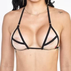 Sheer Nude Micro Bikini With Black Straps -Oh Lola Swimwear Nude Veil Sheer Bikini Top