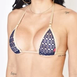 Ocean Dune Blue Mesh Micro Bikini With Beige Straps -Oh Lola Swimwear Ocean Dune Mesh Bikini Top
