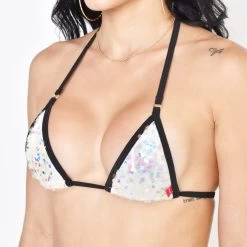 Pacific Pearl White Sequin Micro Bikini With Black Straps -Oh Lola Swimwear Pacific Pearl Micro Bikini Top Piece