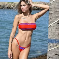 Mirage Red Bandeau Designer Bikini With Sheer Mesh Details -Oh Lola Swimwear Sunset Mirage Bandeau Bikini full frontal view scaled 1