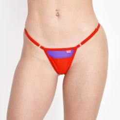 Mirage Red Micro Bikini With Sheer Purple Mesh Panels 8 Mirage Red Micro Bikini With Sheer Purple Mesh Panels -Oh Lola Swimwear Sunset Mirage Micro Bikini with Side Adjustable V String Bottom Front View