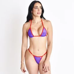 Sunset Veil Purple Sheer Micro Bikini With Red Straps -Oh Lola Swimwear Sunset Veil Sheer Bikini