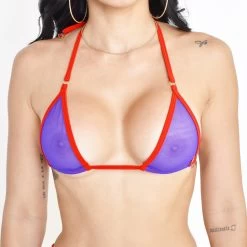 Sunset Veil Purple Sheer Micro Bikini With Red Straps -Oh Lola Swimwear Sunset Veil Sheer Bikini Top Piece